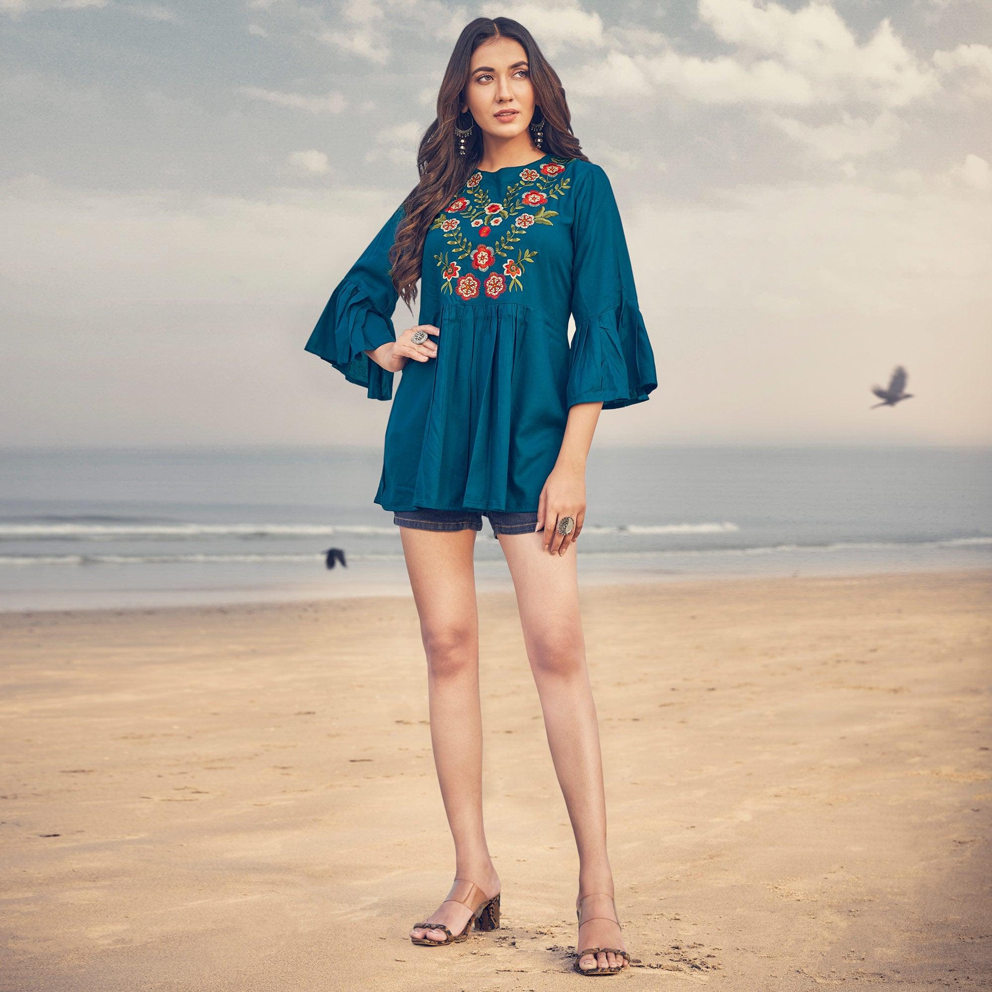 Blue Casual Wear Floral Embroidered Rayon Top - Peachmode