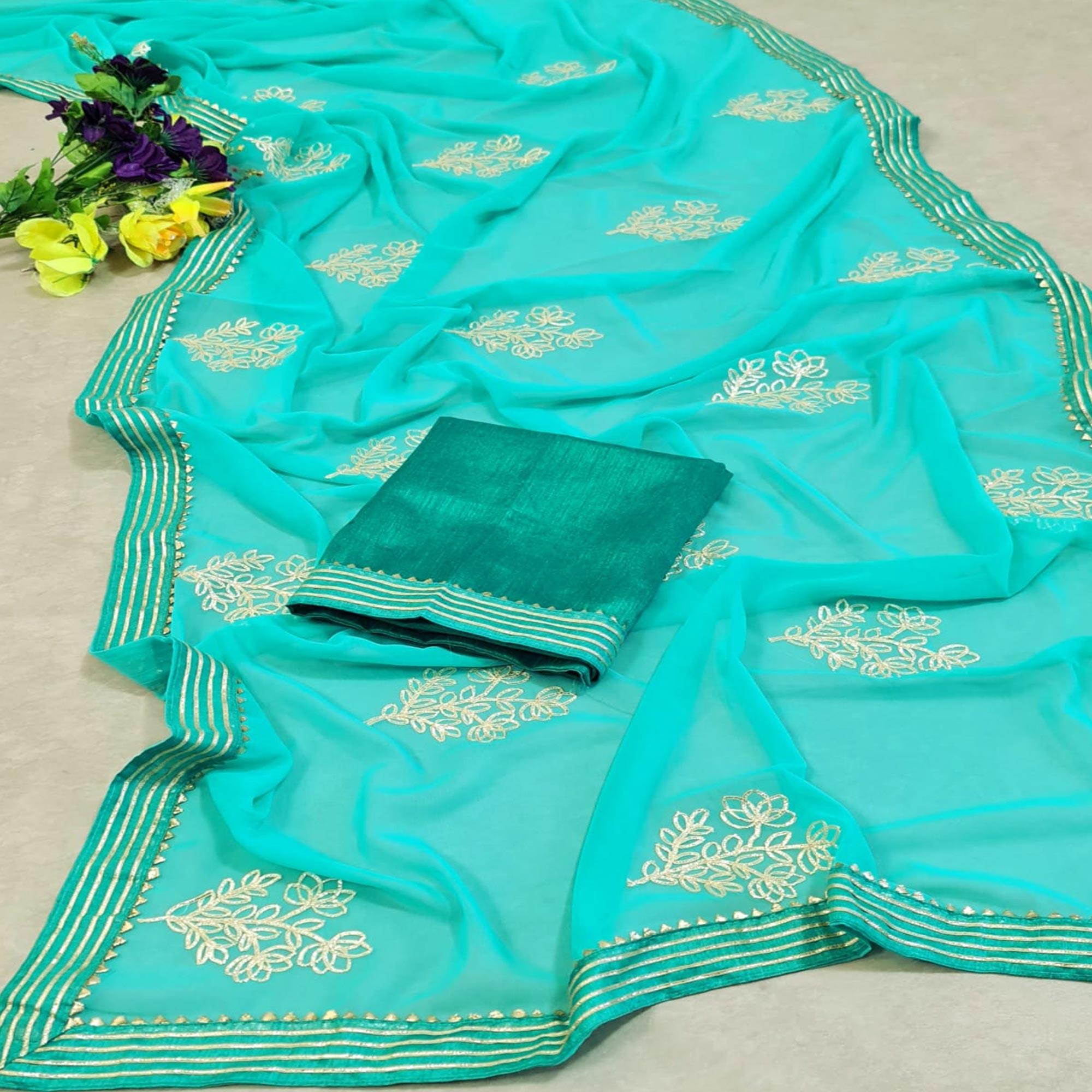 Blue Casual Wear Floral Gotta Work Chiffon Saree - Peachmode