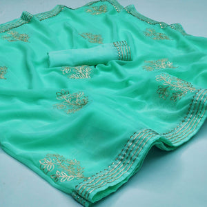 Blue Casual Wear Floral Gotta Work Chiffon Saree - Peachmode