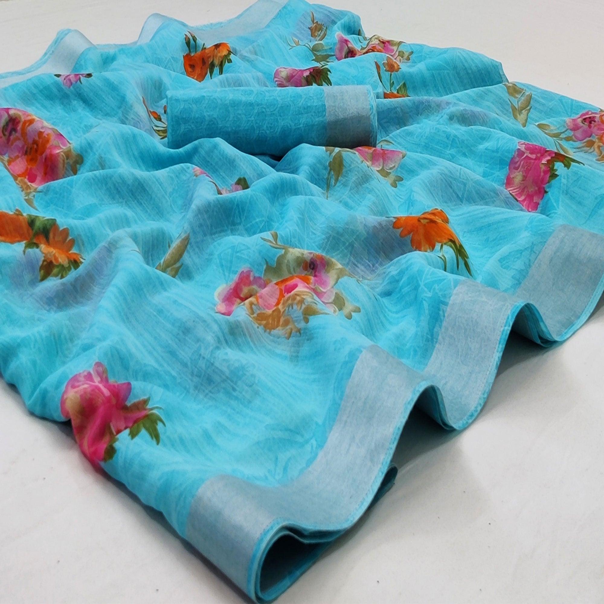Blue Casual Wear Floral Mill Printed Cotton Saree With Zari Border - Peachmode