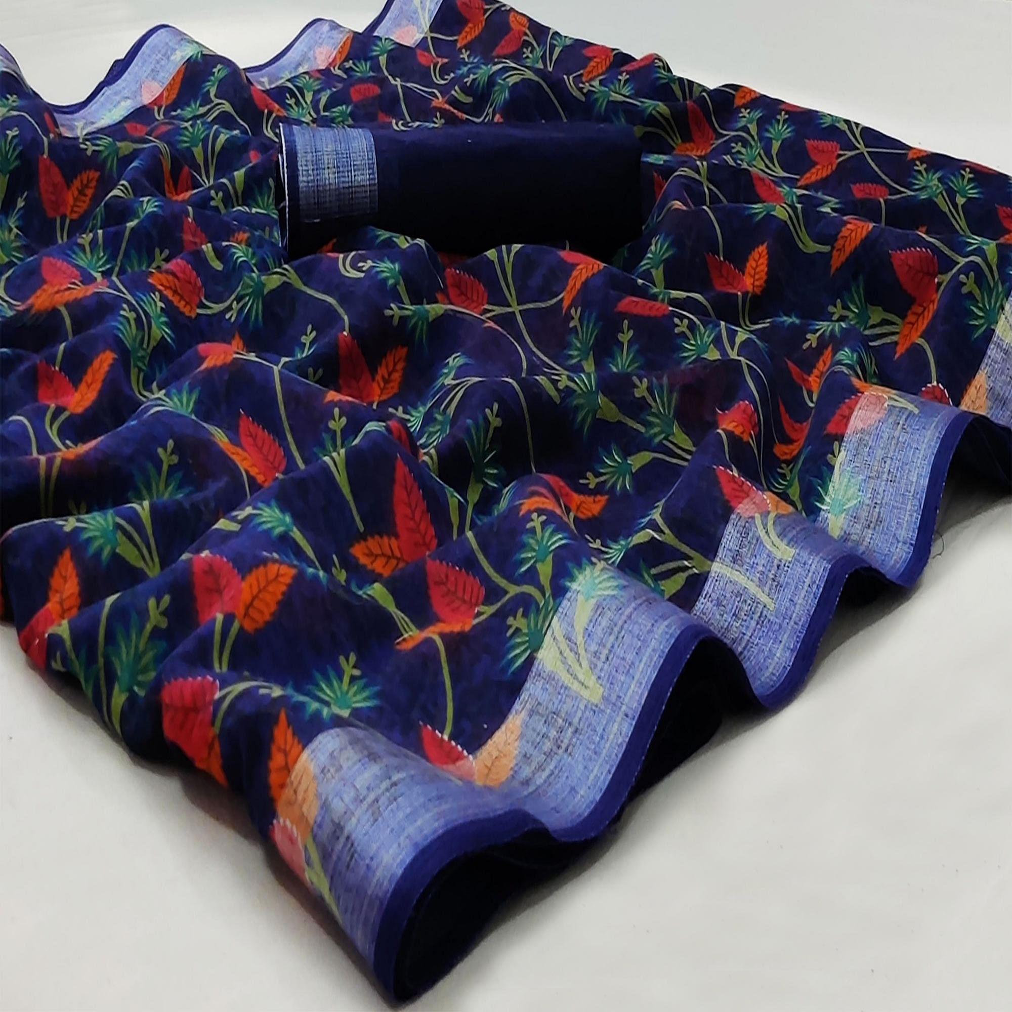 Blue Casual Wear Floral Mill Printed Cotton Saree With Zari Border - Peachmode