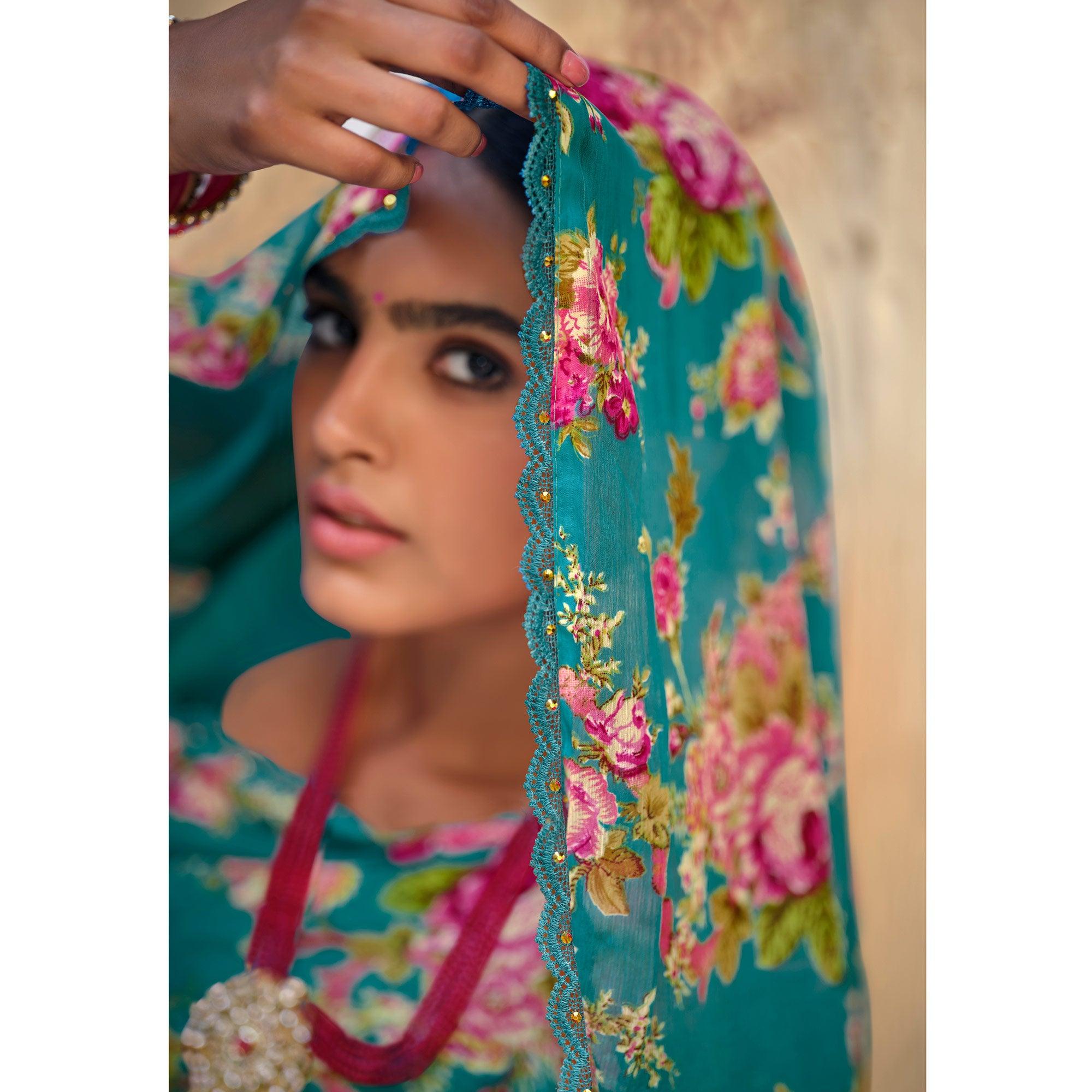 Blue Casual Wear Floral Printed Alfino Saree With Fancy Diamond Lace - Peachmode