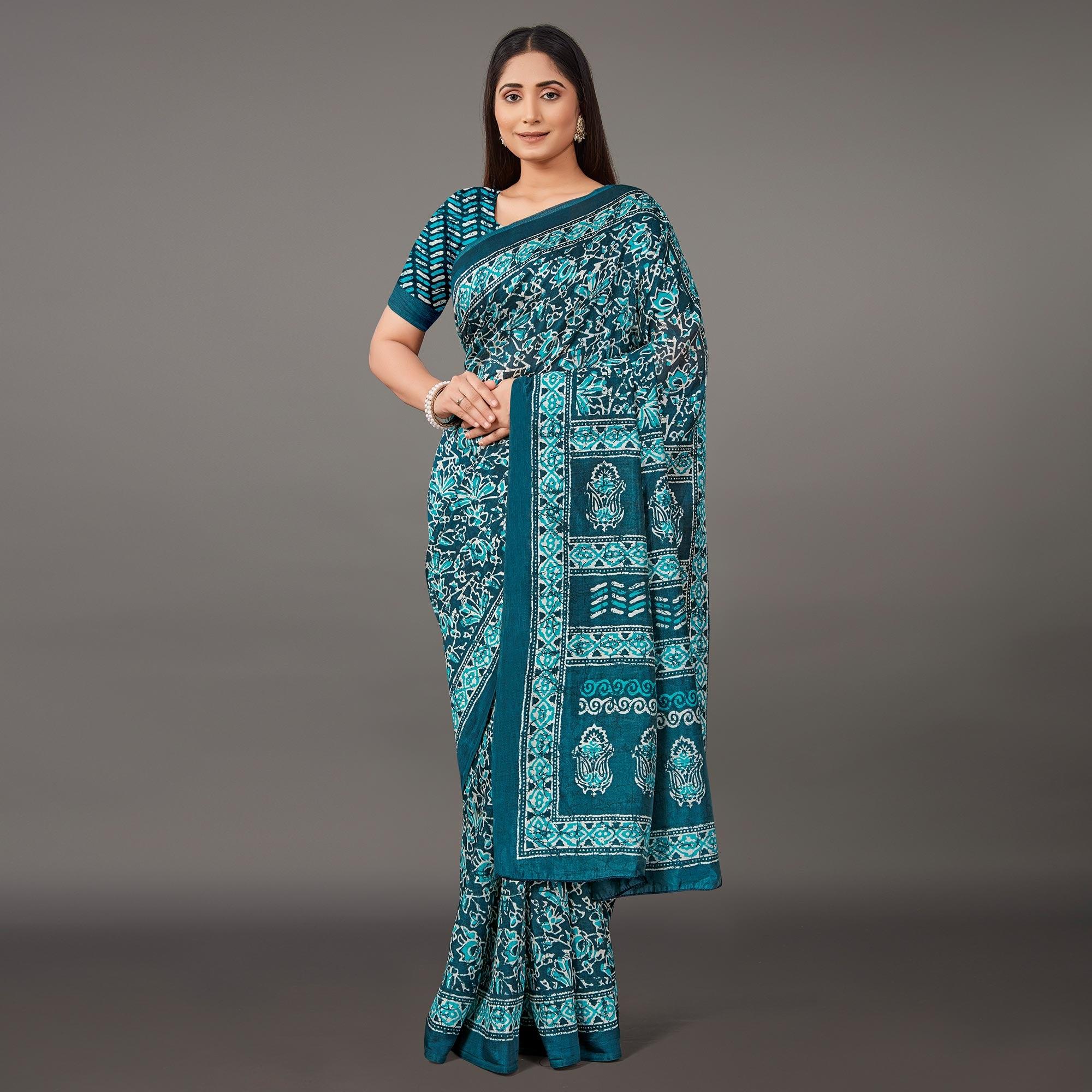 Blue Casual Wear Floral Printed Art Silk Saree - Peachmode