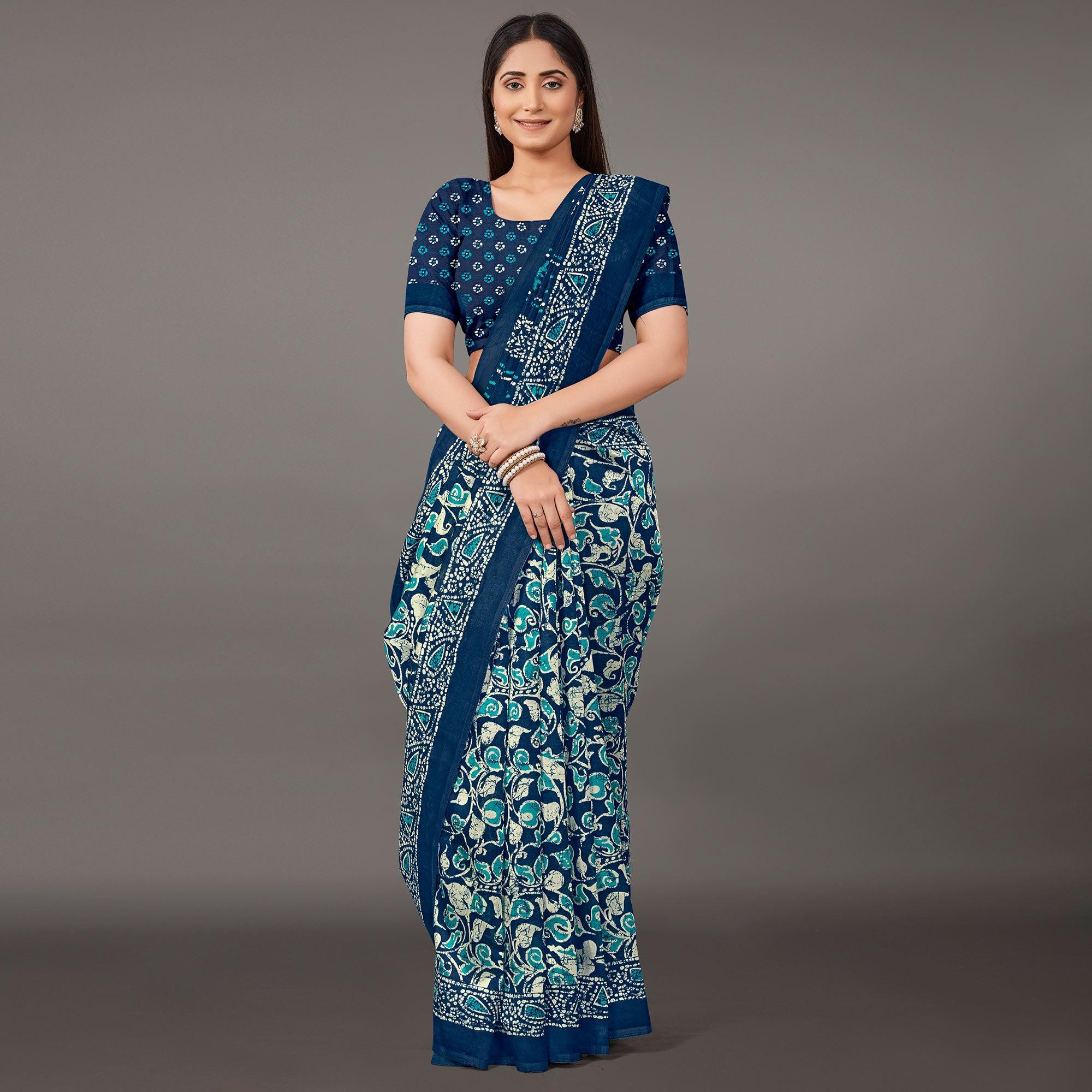 Blue Casual Wear Floral Printed Art Silk Saree - Peachmode