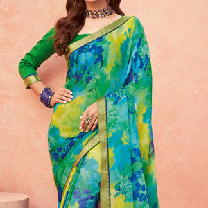 Blue Casual Wear Floral Printed Chiffon-Banarsi Saree With Banarasi Border - Peachmode
