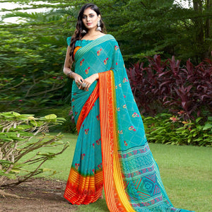 Blue Casual Wear Floral Printed Chiffon Saree - Peachmode