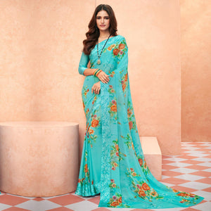 Blue Casual Wear Floral Printed Chiffon Saree - Peachmode