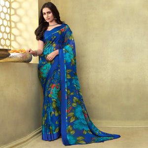 Blue Casual Wear Floral Printed Chiffon Saree - Peachmode