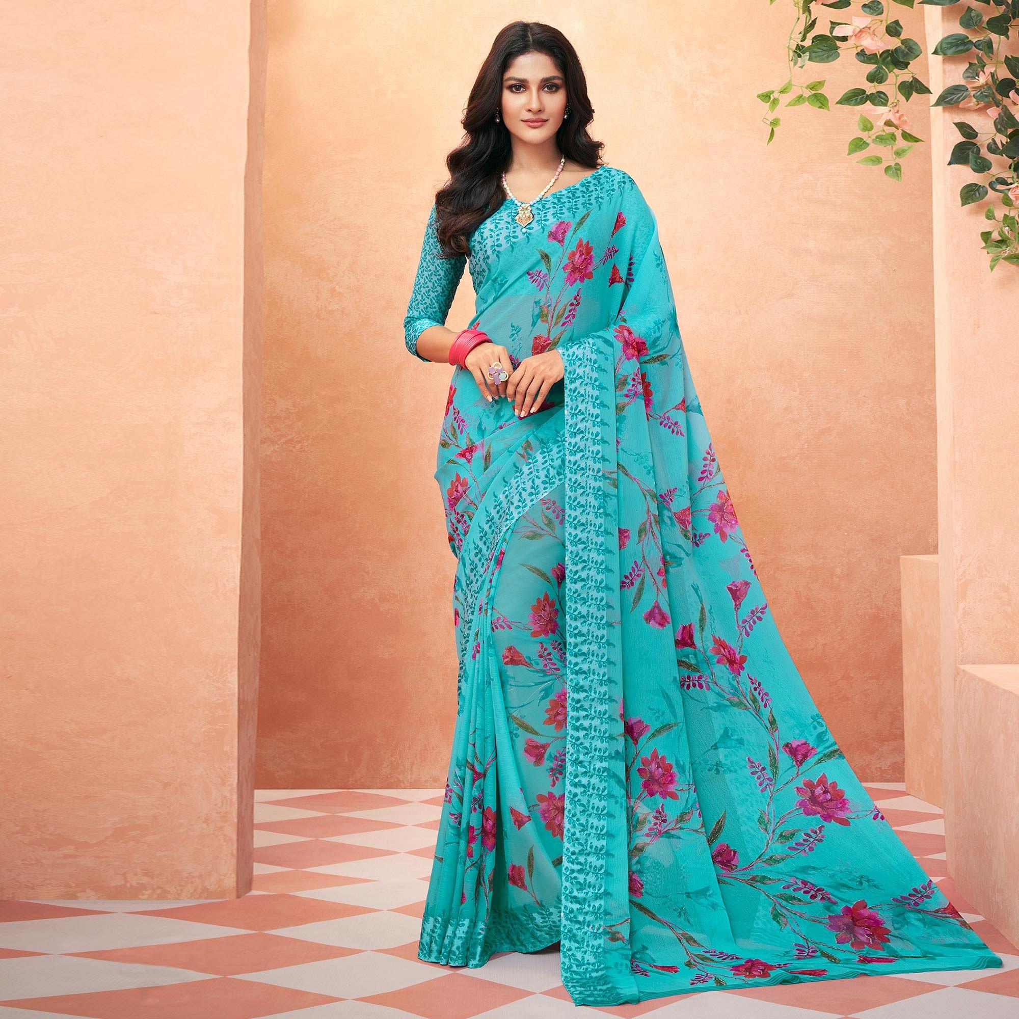 Blue Casual Wear Floral Printed Chiffon Saree - Peachmode