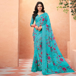 Blue Casual Wear Floral Printed Chiffon Saree - Peachmode