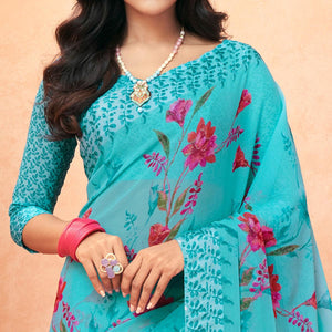 Blue Casual Wear Floral Printed Chiffon Saree - Peachmode