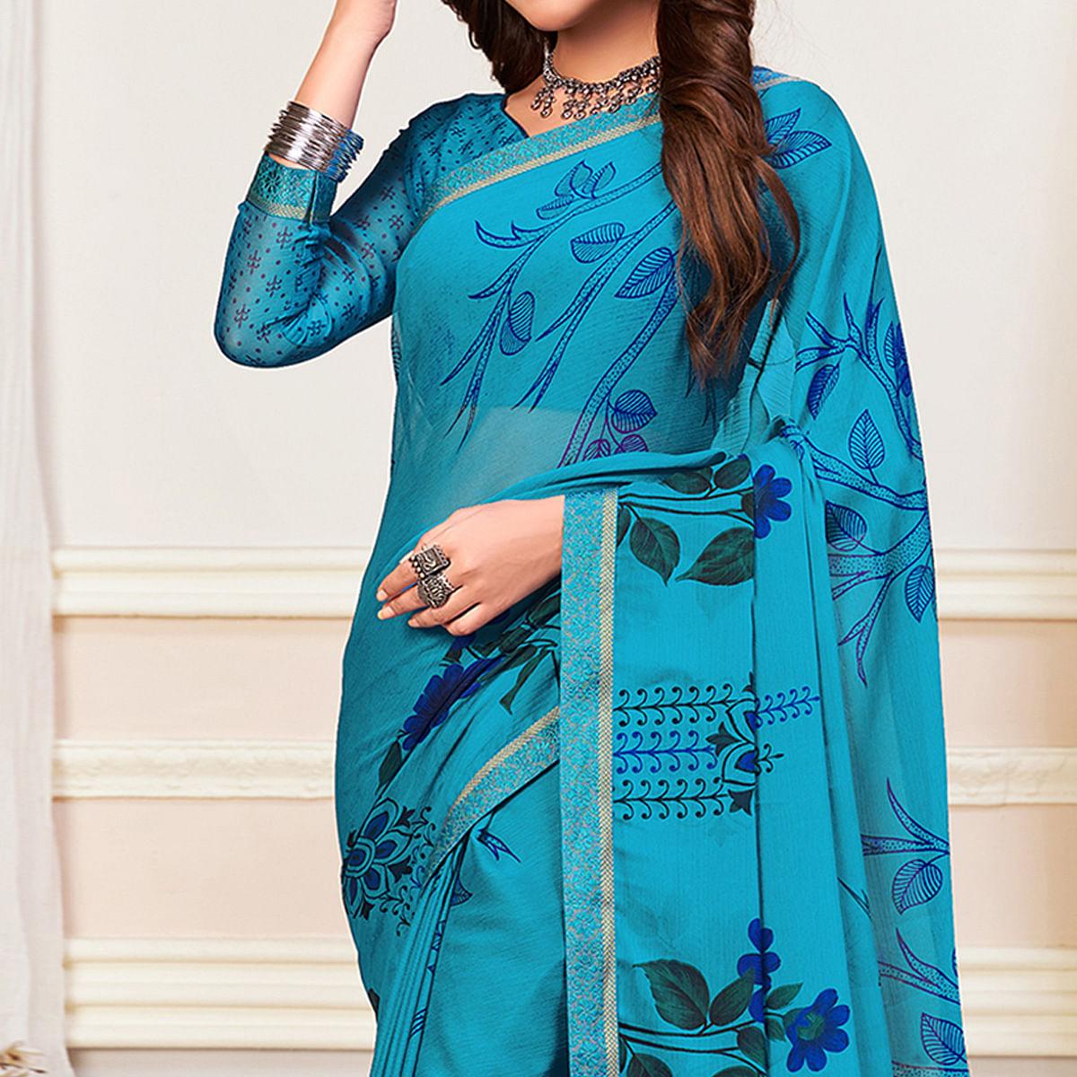 Blue Casual Wear Floral Printed Chiffon Saree - Peachmode