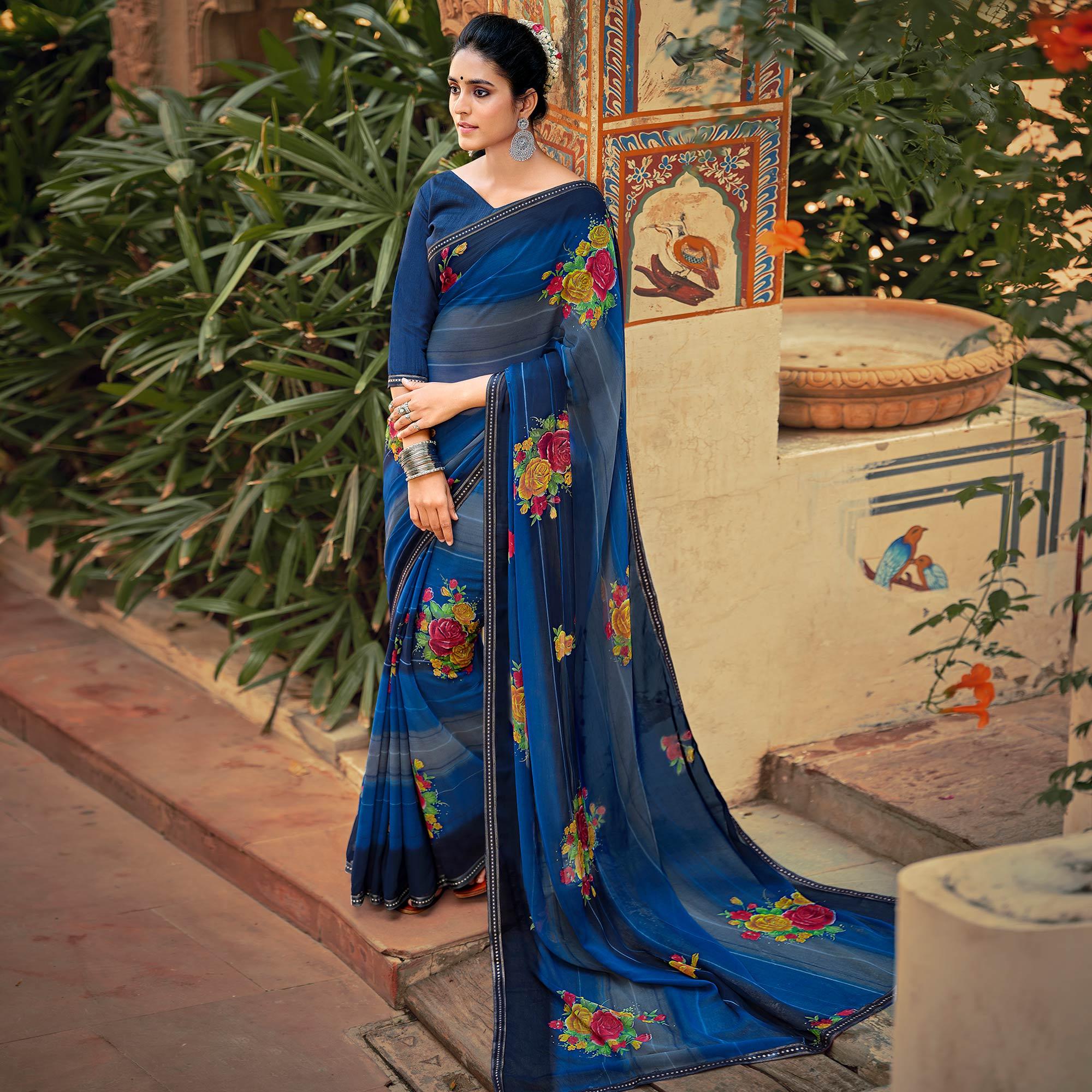 Blue Casual Wear Floral Printed Chiffon Saree With Fancy Blouse - Peachmode