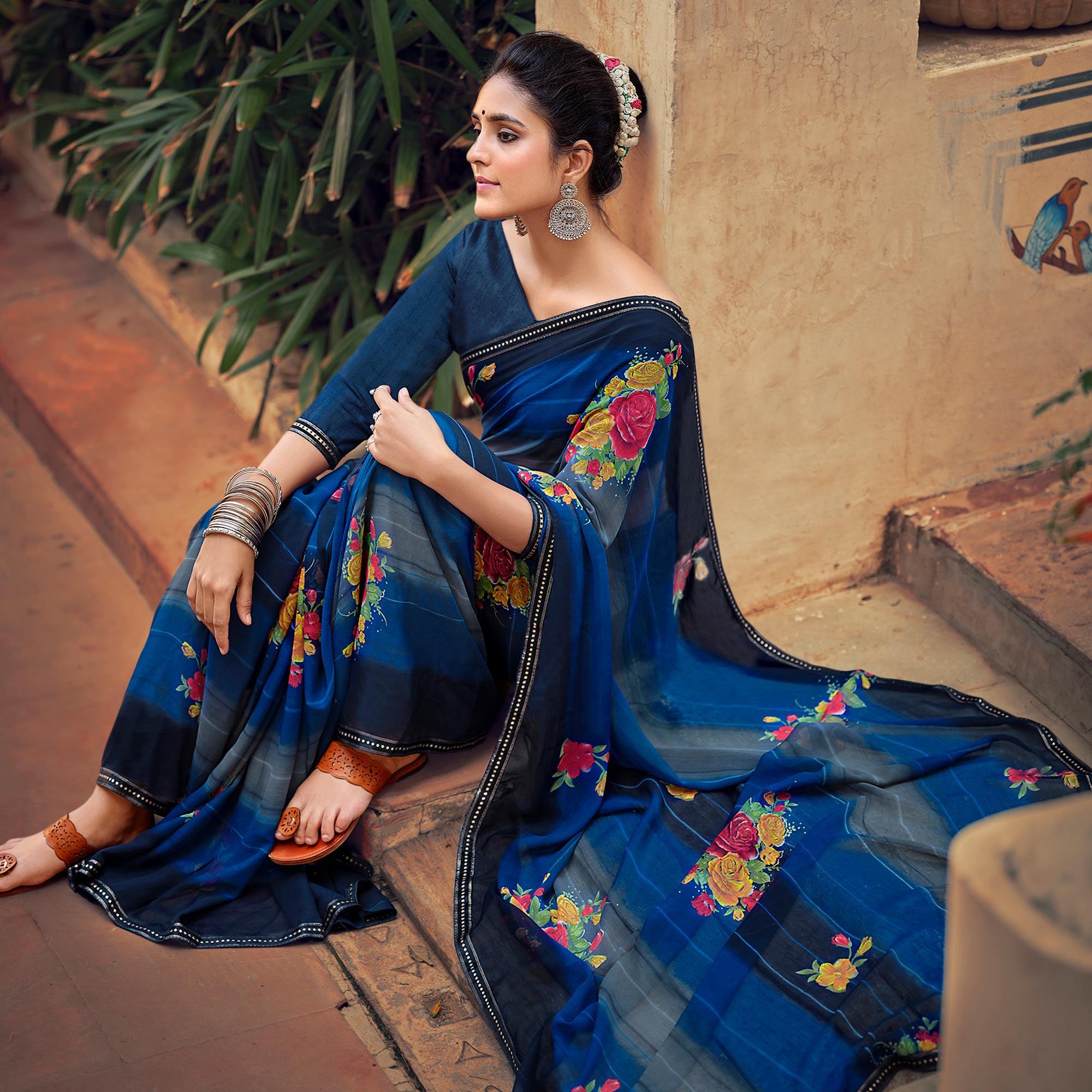 Blue Casual Wear Floral Printed Chiffon Saree With Fancy Blouse - Peachmode