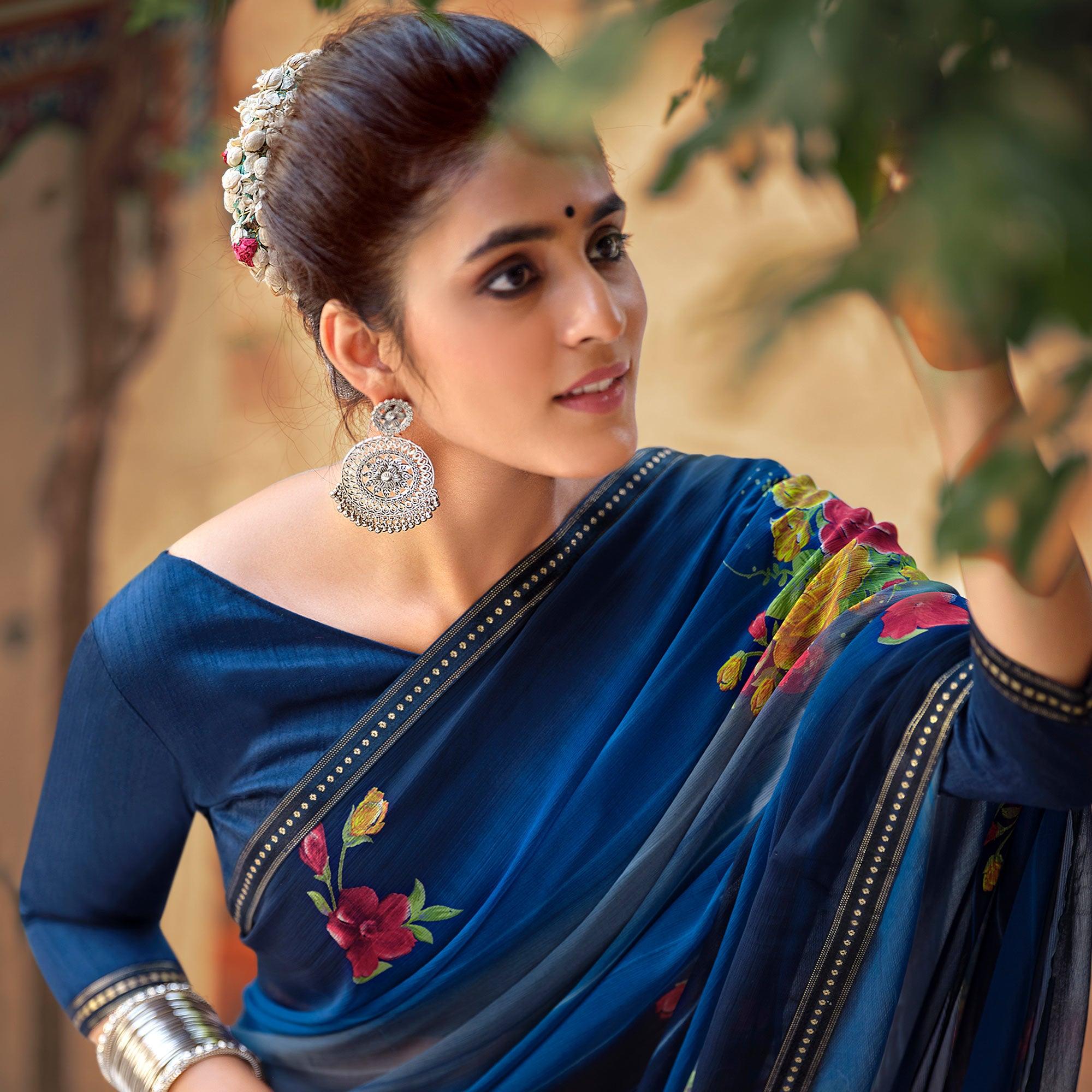 Blue Casual Wear Floral Printed Chiffon Saree With Fancy Blouse - Peachmode