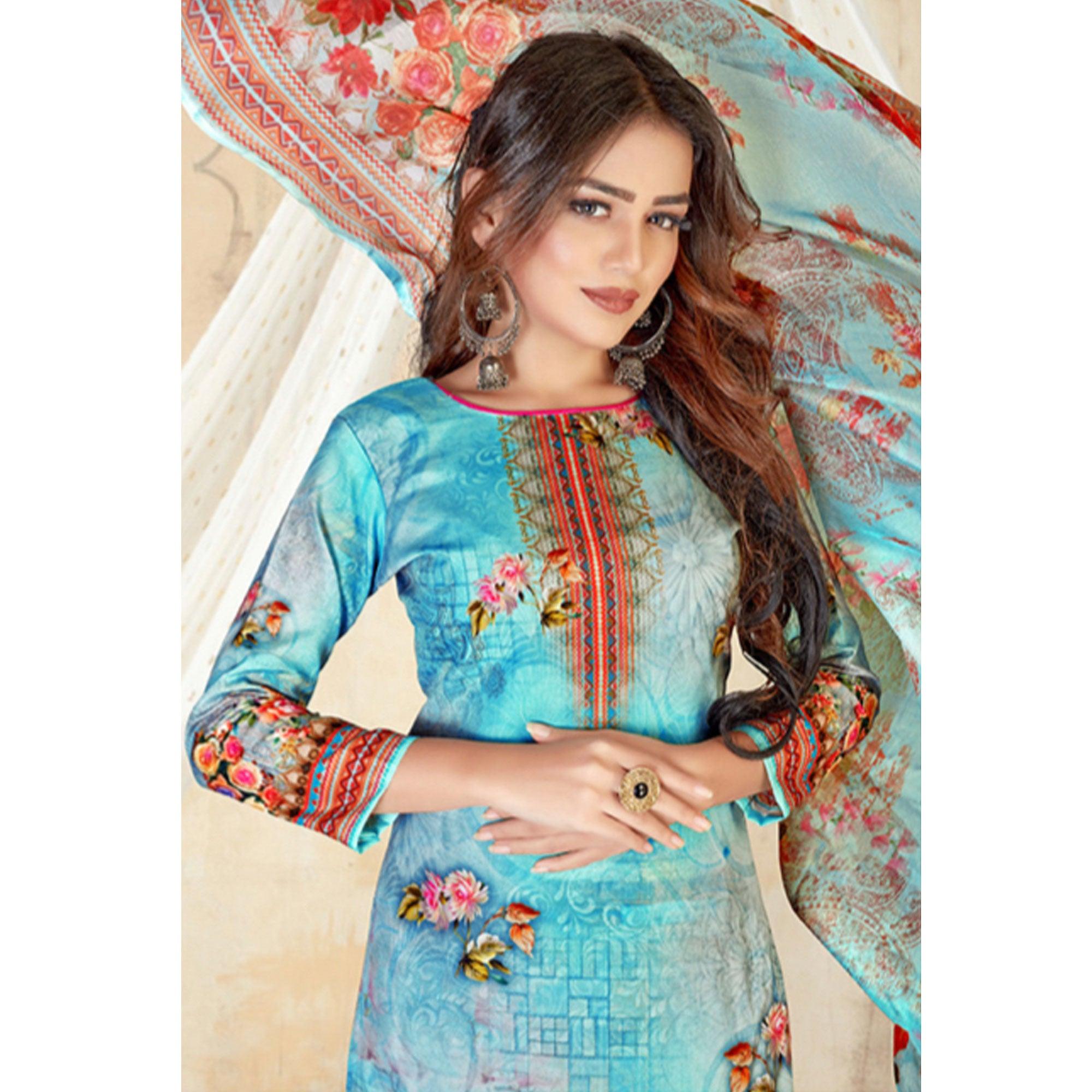 Blue Casual Wear Floral Printed Cotton Dress Material - Peachmode
