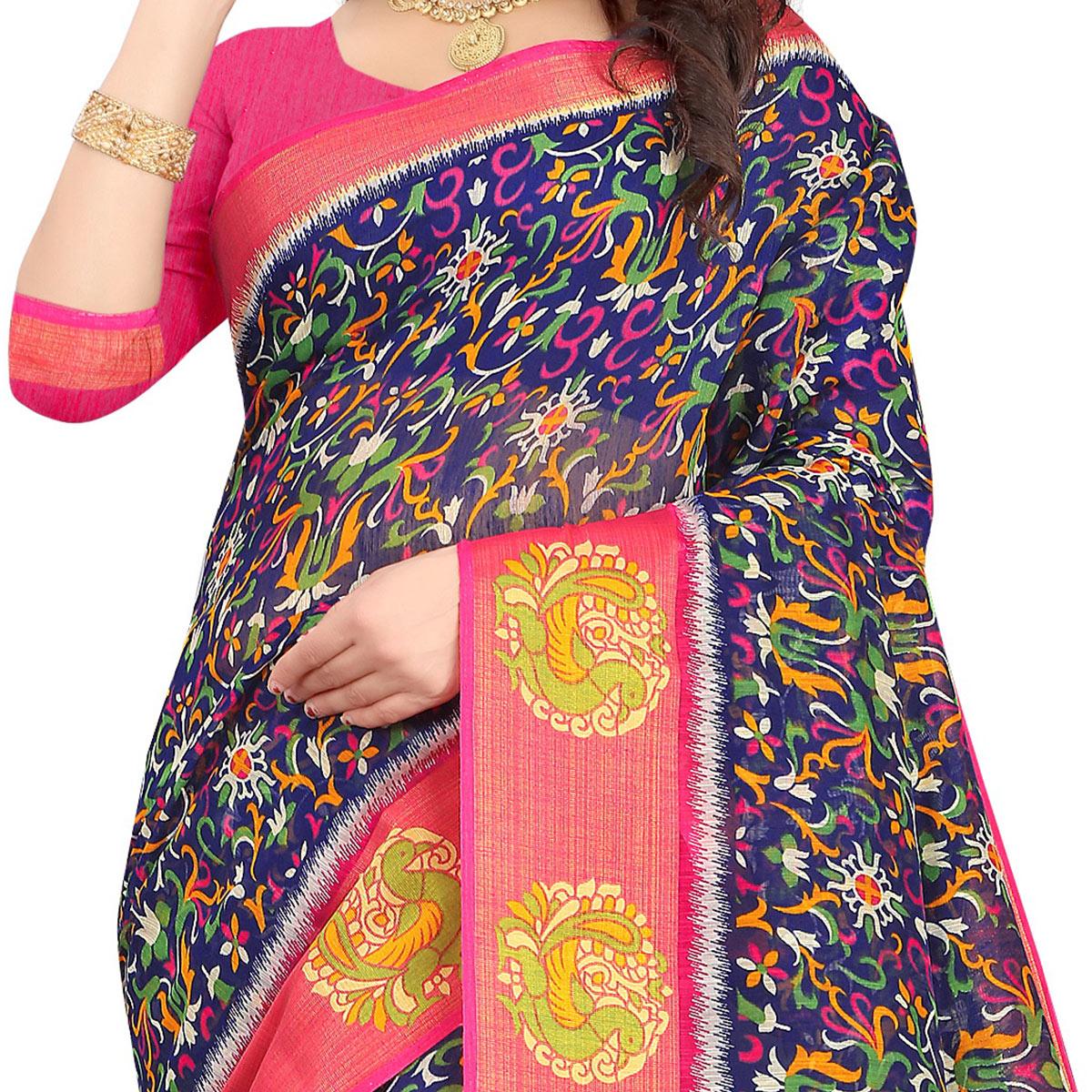 Blue Casual Wear Floral Printed Cotton Linen Saree - Peachmode