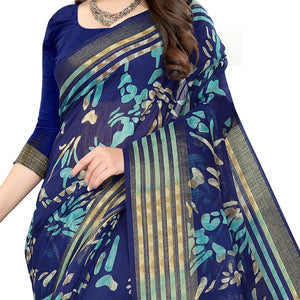Blue Casual Wear Floral Printed Cotton Linen Saree - Peachmode