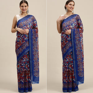 Blue Casual Wear Floral Printed Cotton Saree - Peachmode