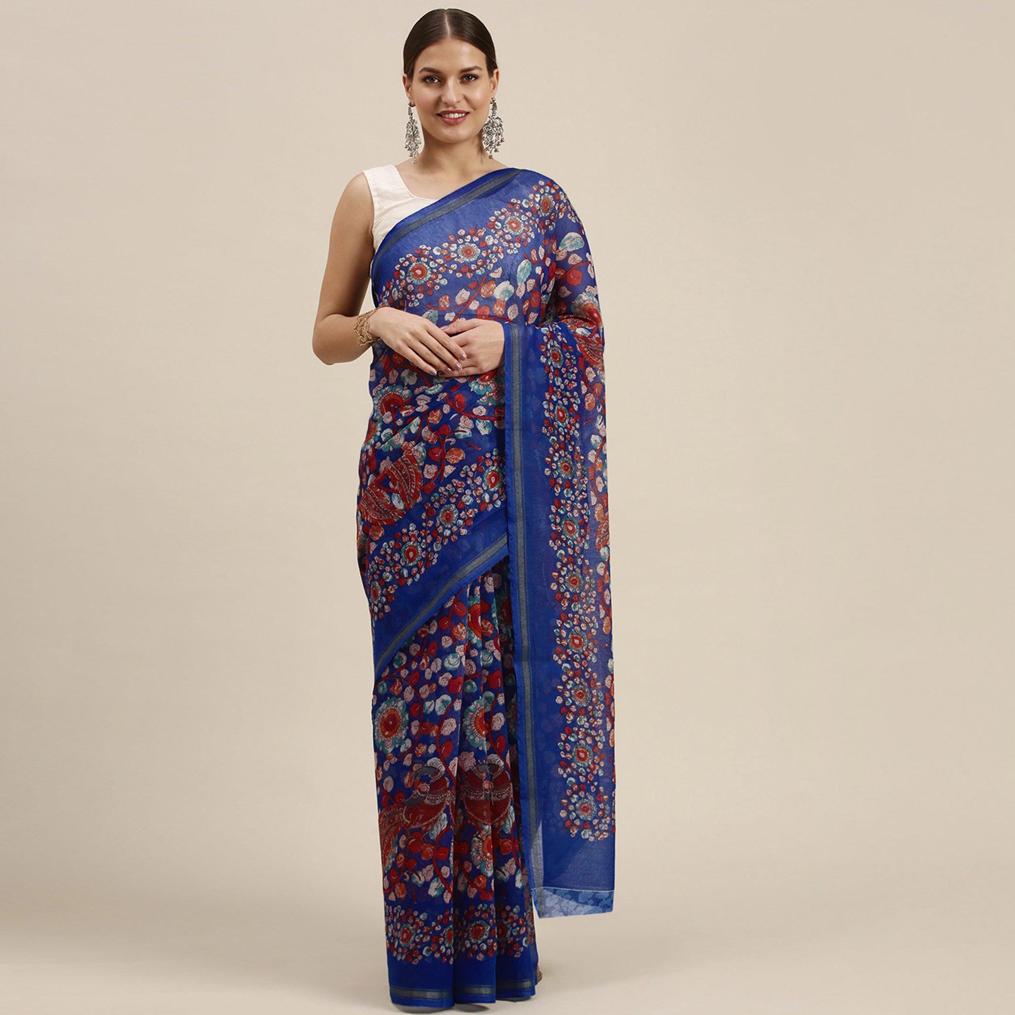Blue Casual Wear Floral Printed Cotton Saree - Peachmode