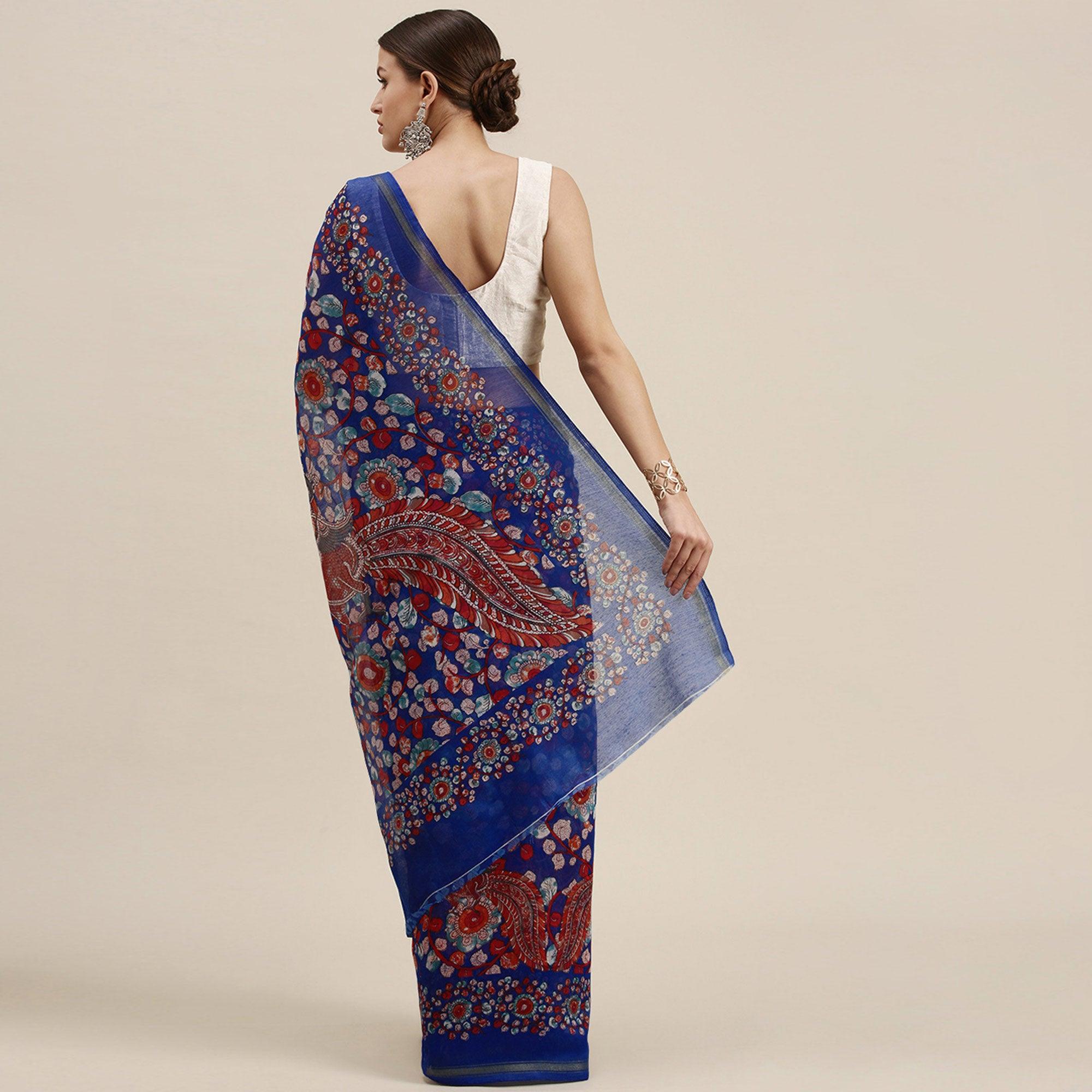 Blue Casual Wear Floral Printed Cotton Saree - Peachmode