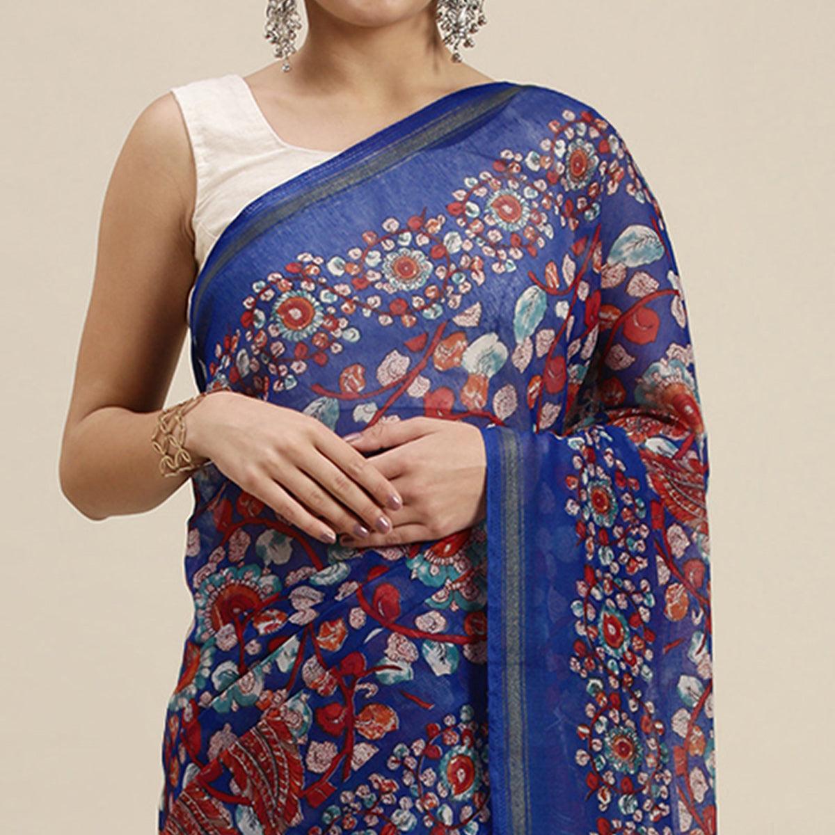 Blue Casual Wear Floral Printed Cotton Saree - Peachmode