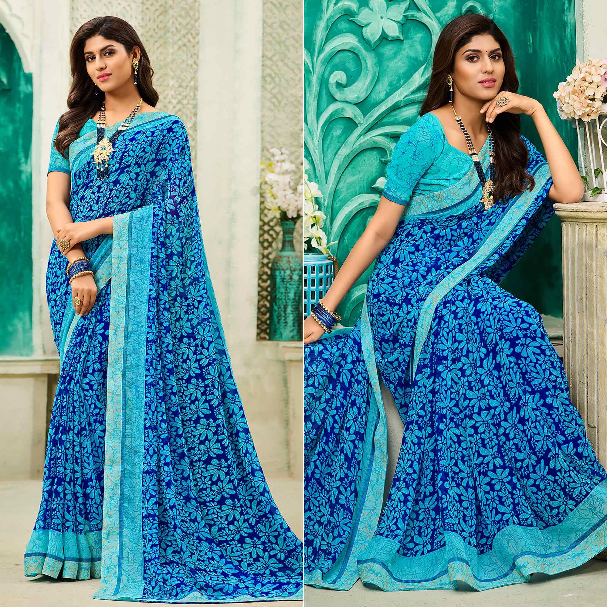 Blue Casual Wear Floral Printed Georgette Saree - Peachmode