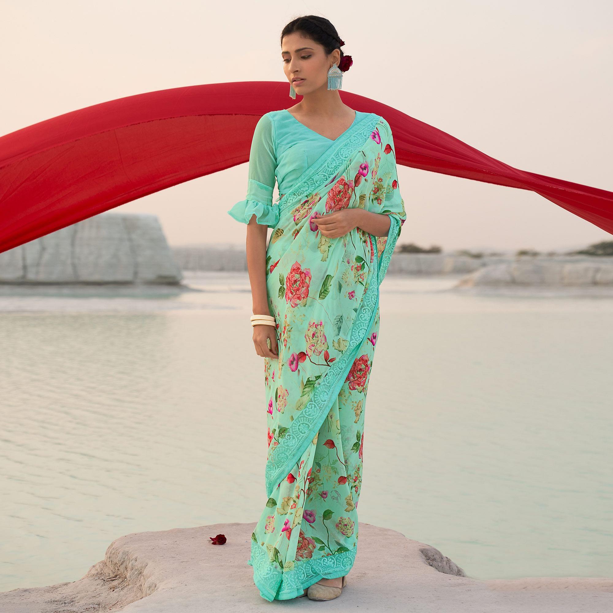 Blue Casual Wear Floral Printed Georgette Saree - Peachmode