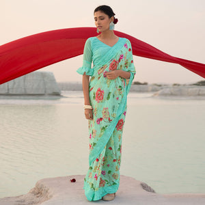 Blue Casual Wear Floral Printed Georgette Saree - Peachmode