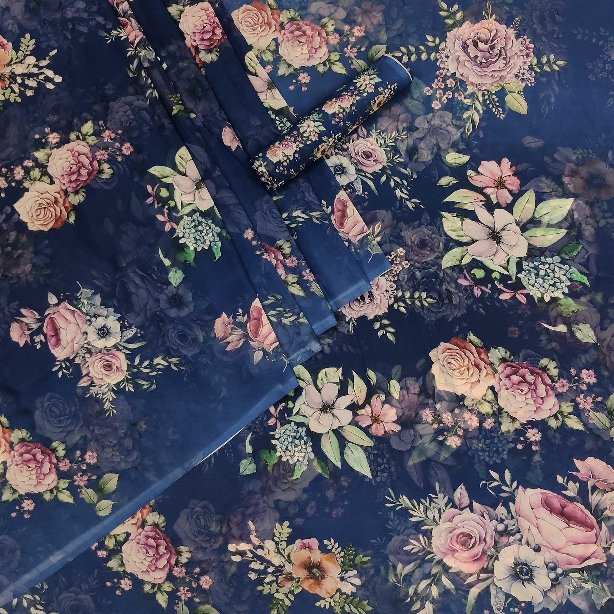 Blue Casual Wear Floral Printed Georgette Saree - Peachmode