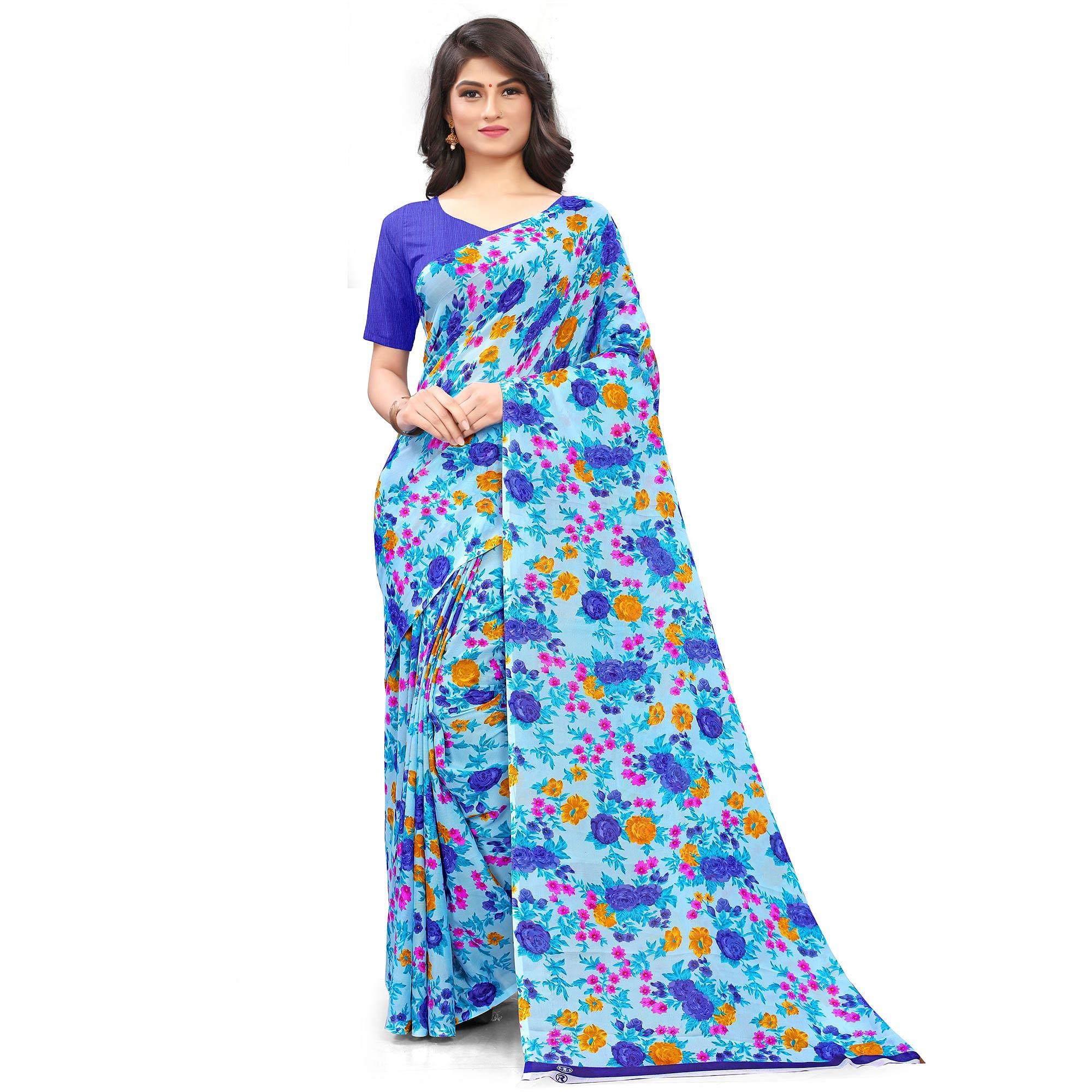 Blue Casual Wear Floral Printed Georgette Saree - Peachmode