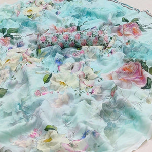 Blue Casual Wear Floral Printed Georgette Saree - Peachmode