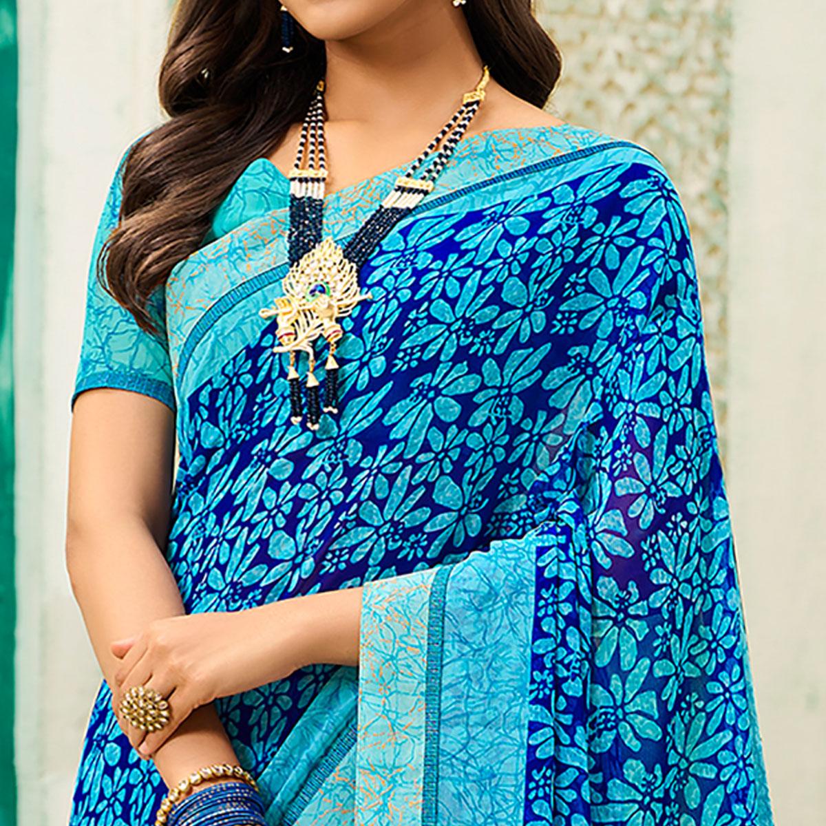 Blue Casual Wear Floral Printed Georgette Saree - Peachmode