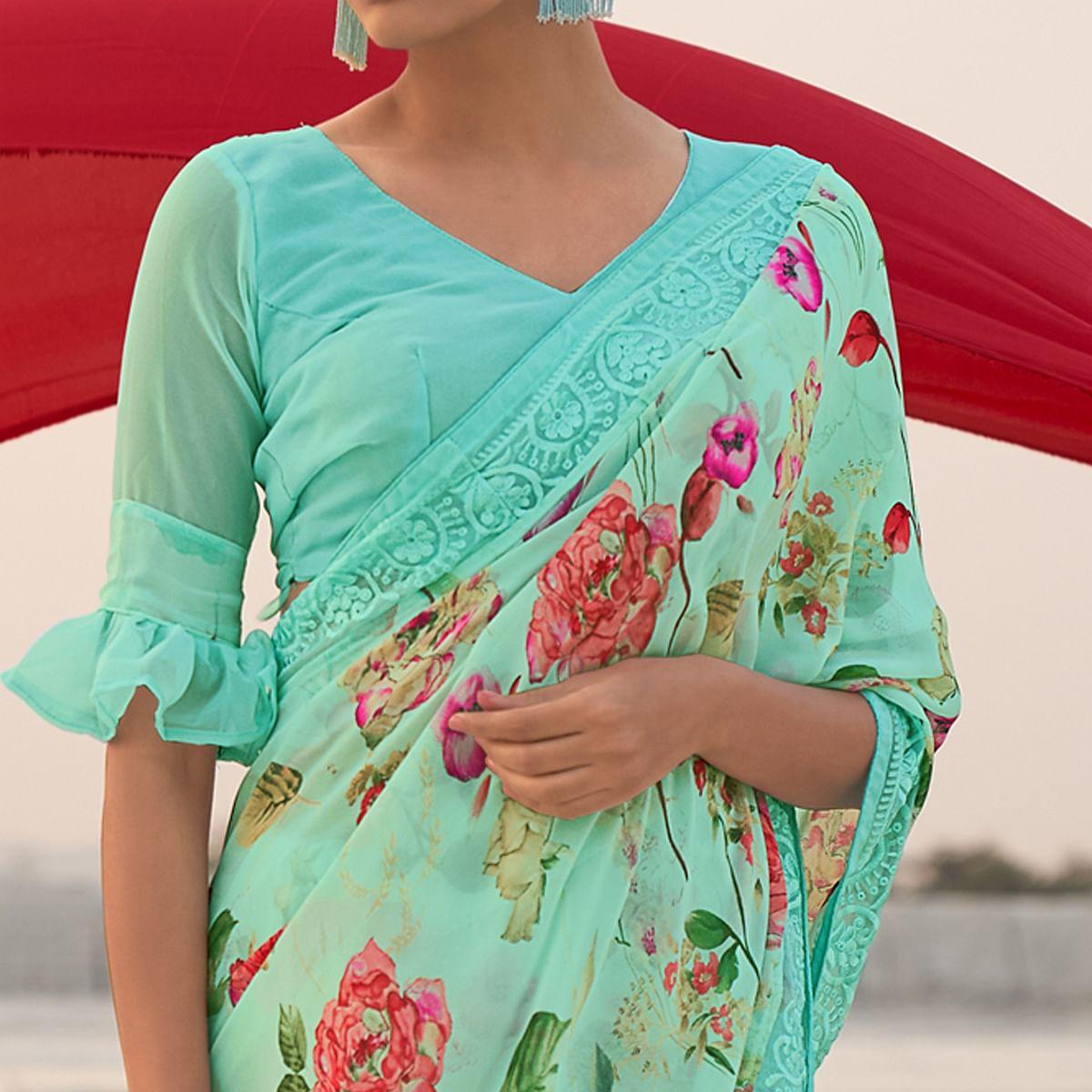 Blue Casual Wear Floral Printed Georgette Saree - Peachmode