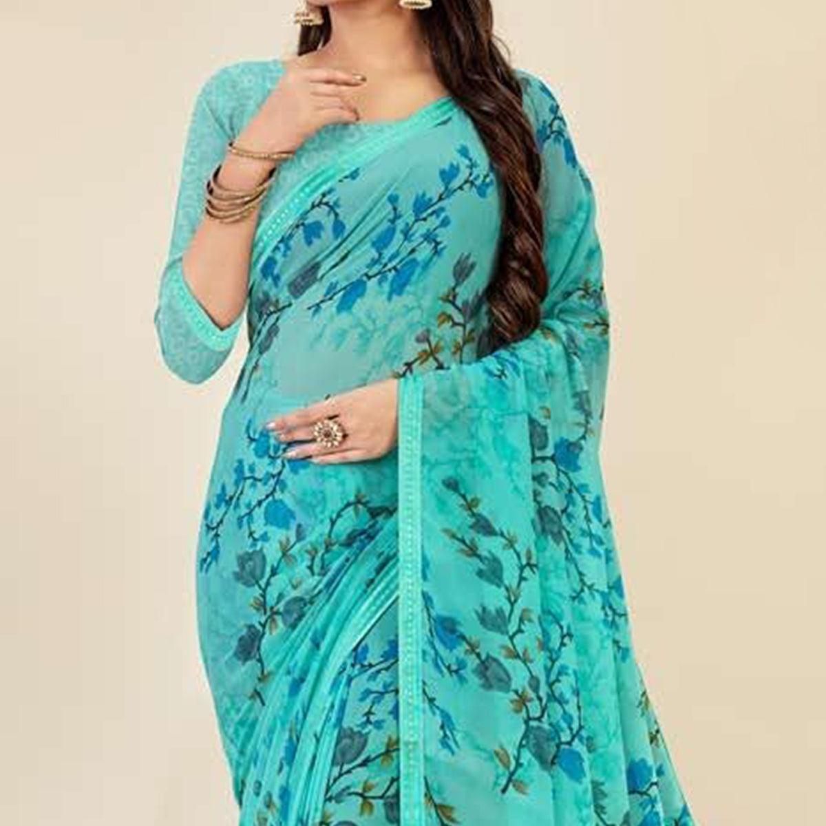 Blue Casual Wear Floral Printed Georgette Saree - Peachmode
