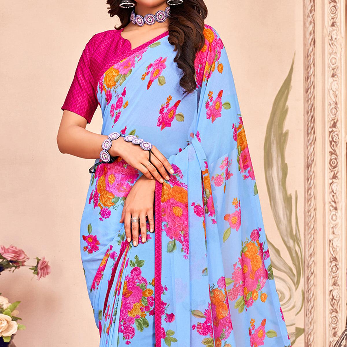 Blue Casual Wear Floral Printed Georgette Saree - Peachmode