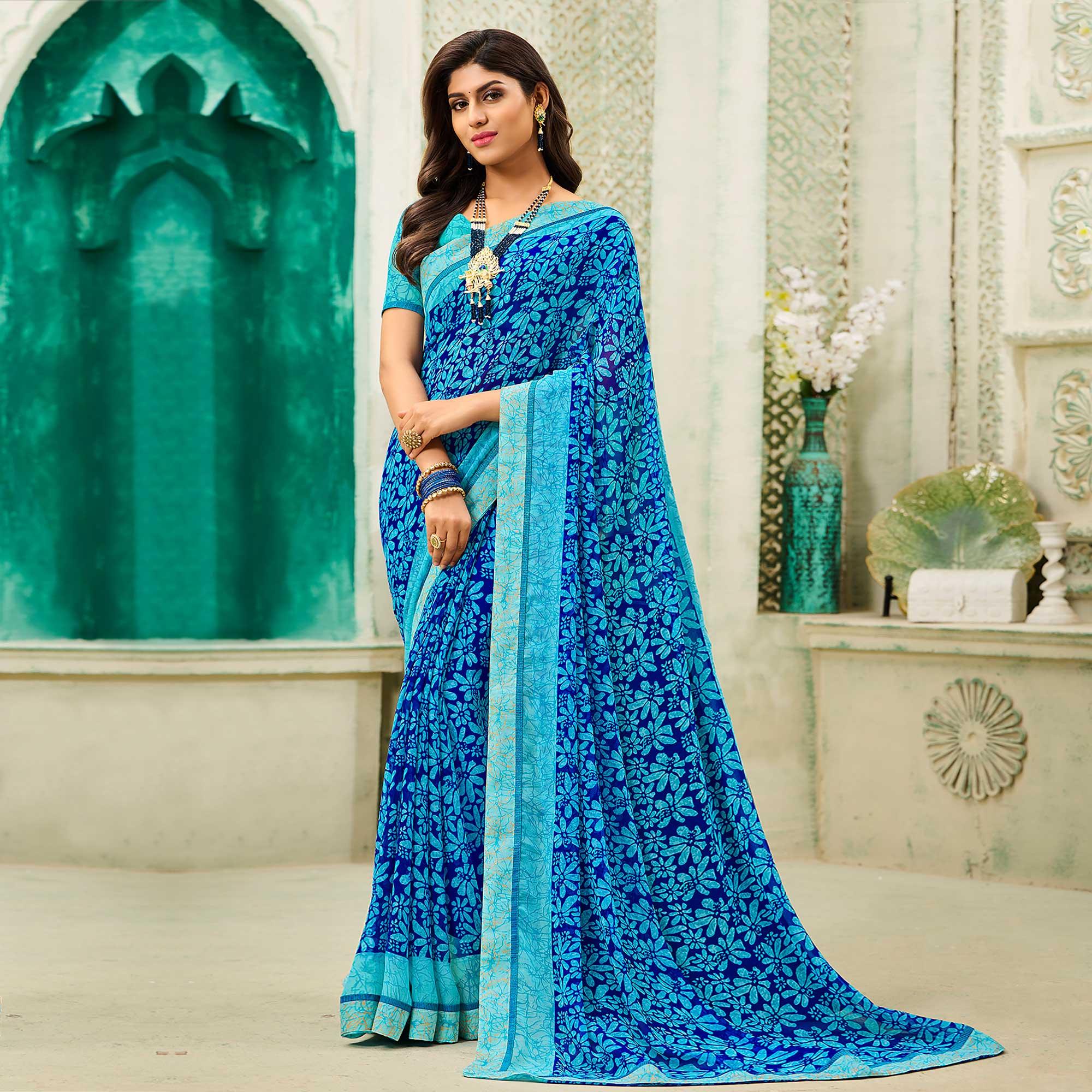 Blue Casual Wear Floral Printed Georgette Saree - Peachmode