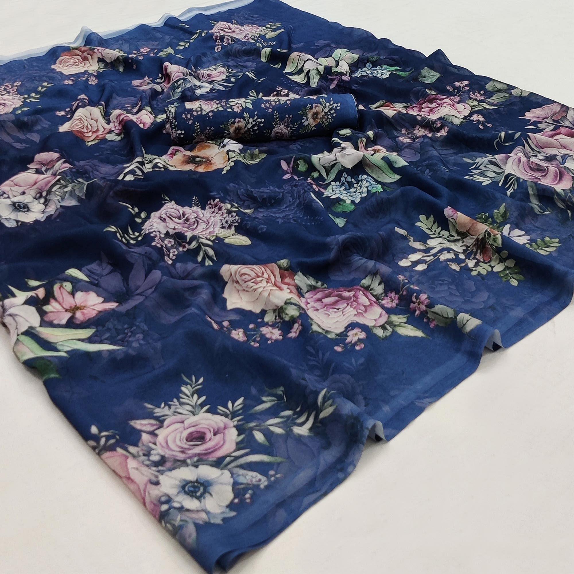 Blue Casual Wear Floral Printed Georgette Saree - Peachmode