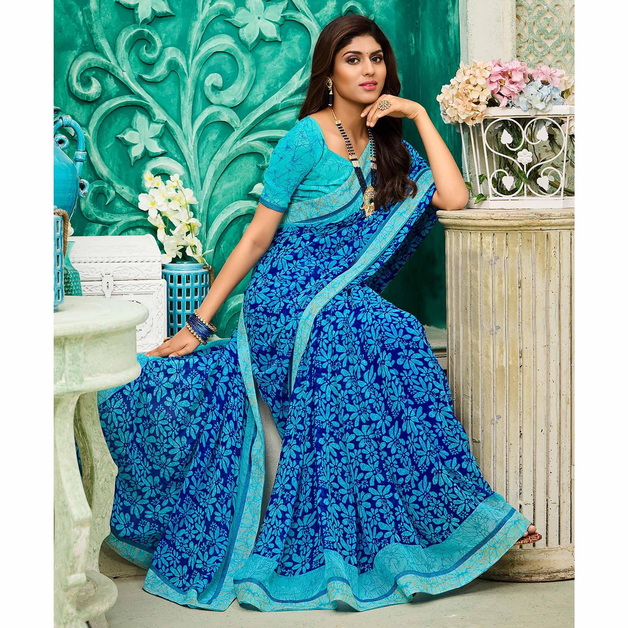 Blue Casual Wear Floral Printed Georgette Saree - Peachmode