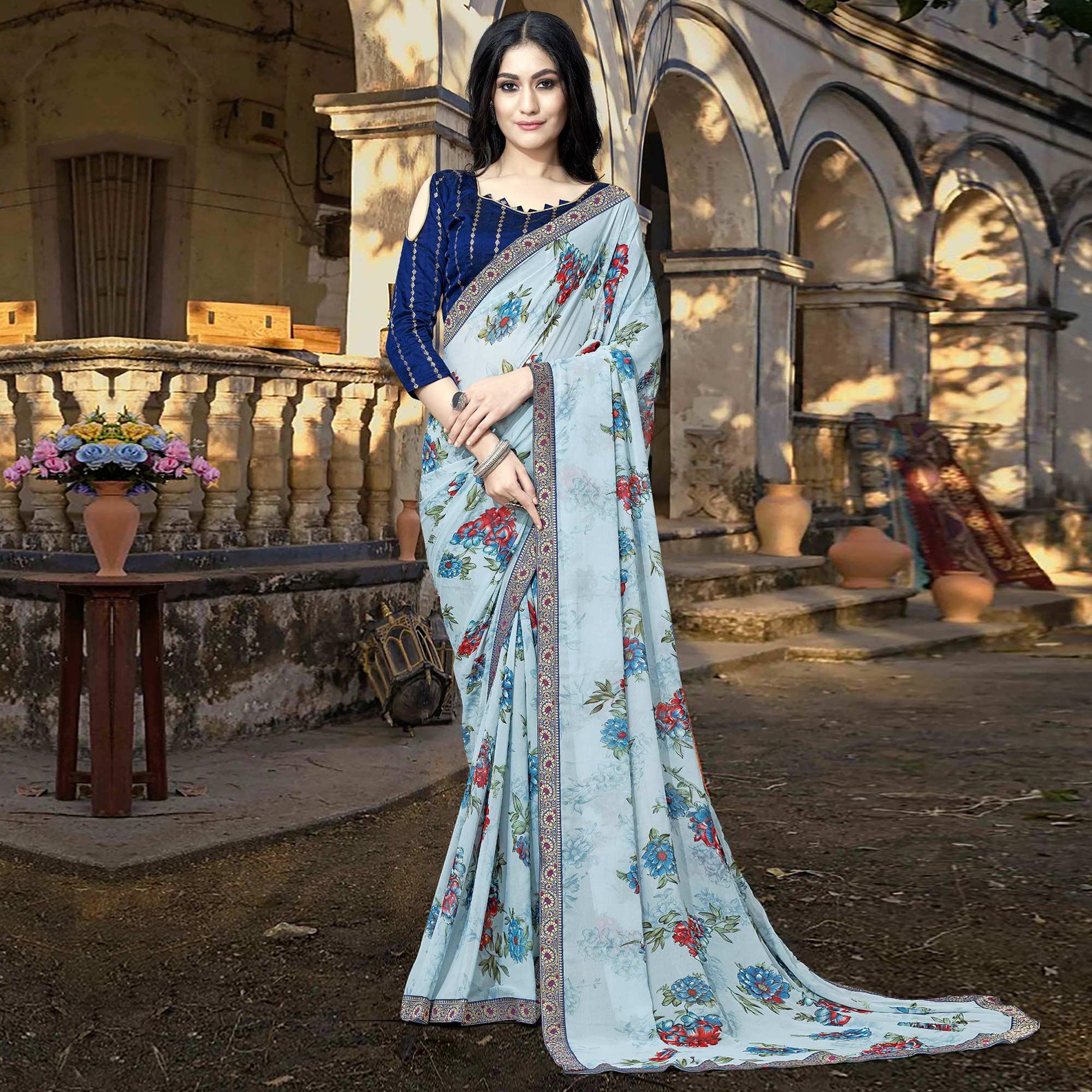 Blue Casual Wear Floral Printed Georgette Saree With Lace Border - Peachmode