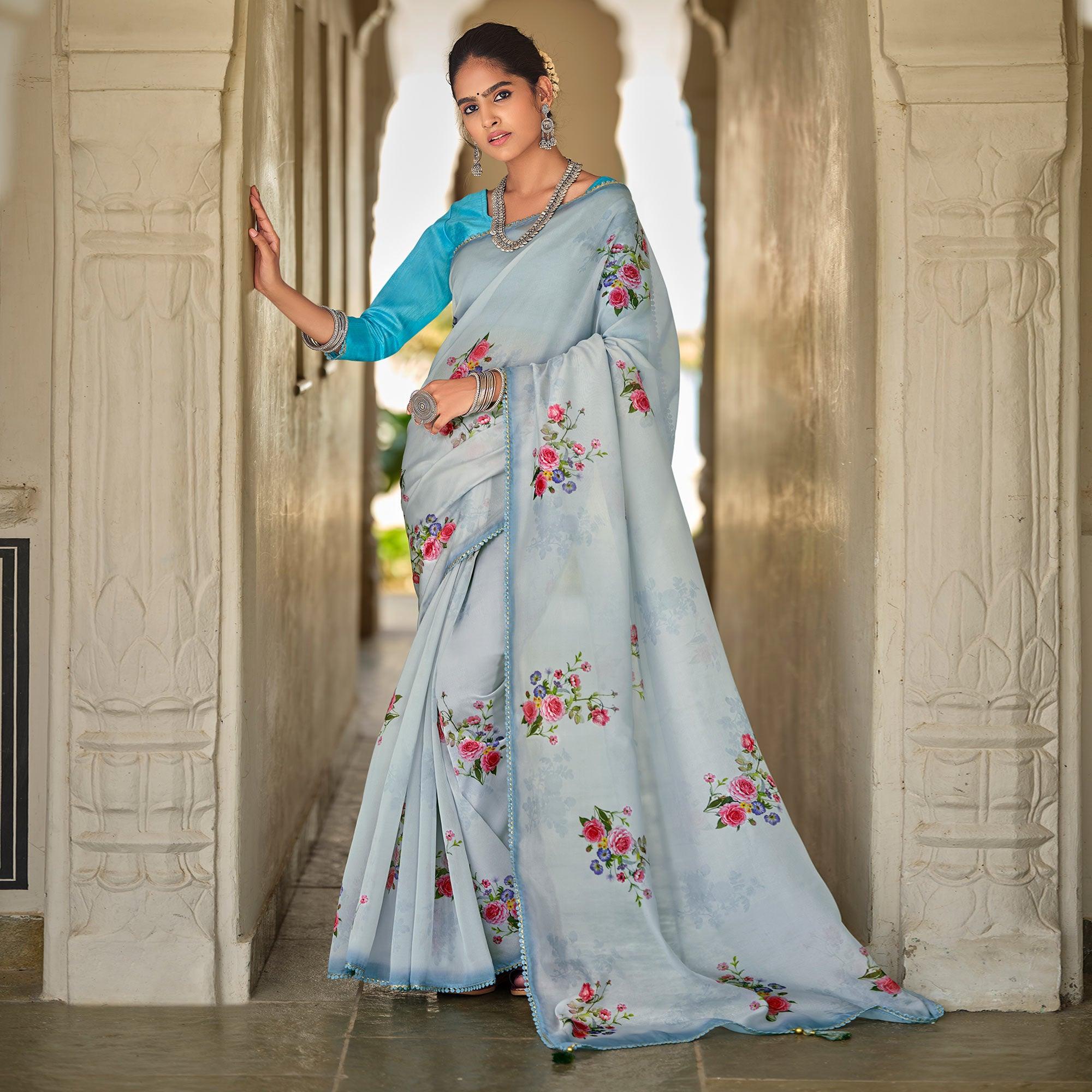 Blue Casual Wear Floral Printed Heavy Organza Silk Saree - Peachmode