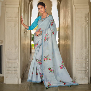 Blue Casual Wear Floral Printed Heavy Organza Silk Saree - Peachmode