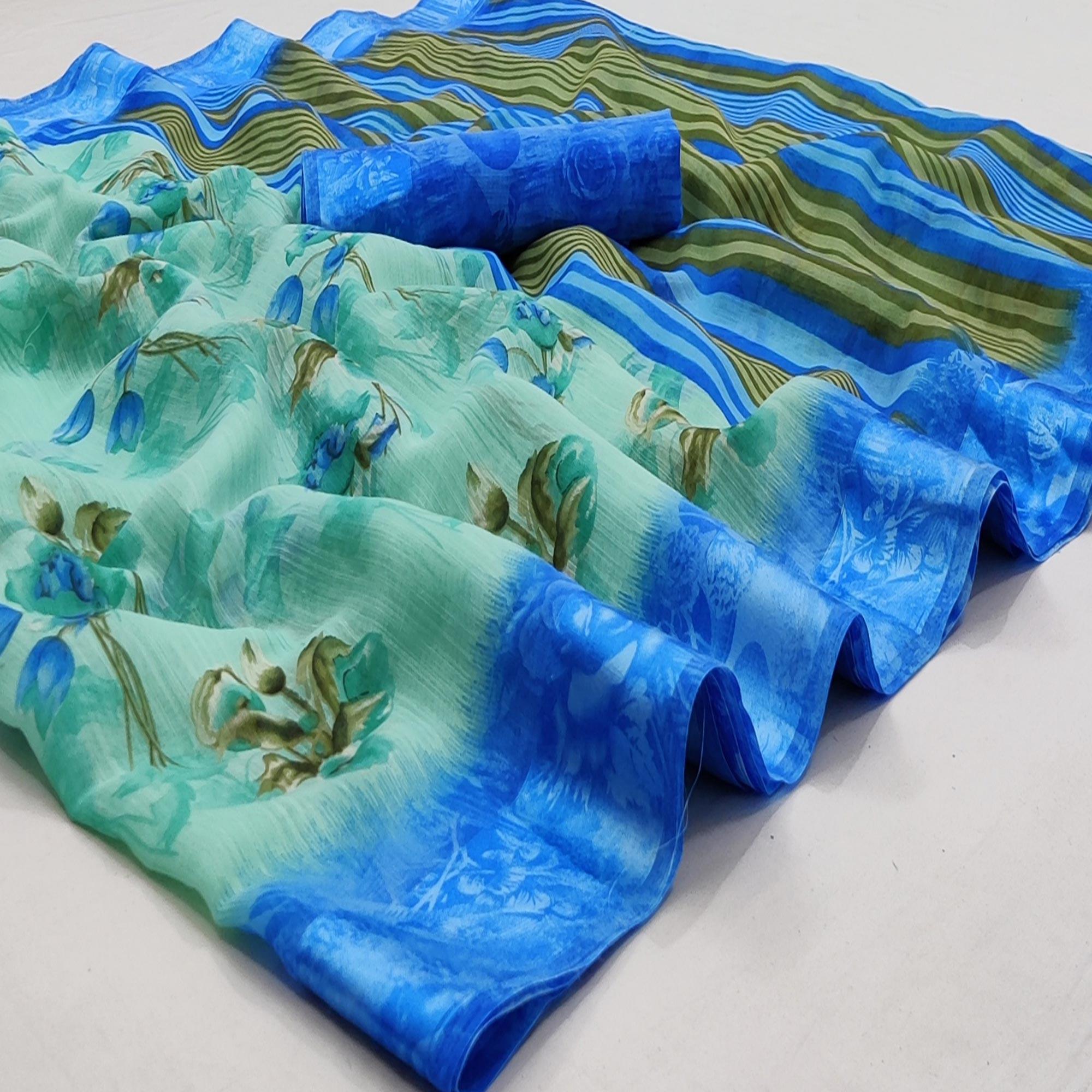 Blue Casual Wear Floral Printed Linen-Satin Saree - Peachmode