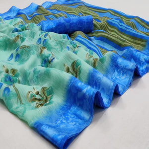 Blue Casual Wear Floral Printed Linen-Satin Saree - Peachmode