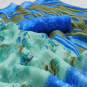Blue Casual Wear Floral Printed Linen-Satin Saree - Peachmode