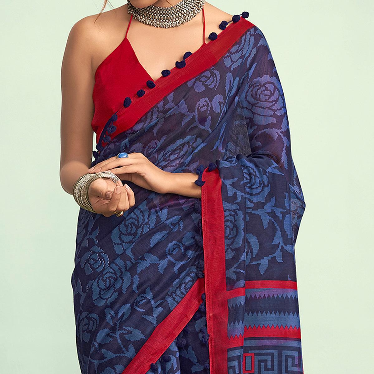 Blue Casual Wear Floral Printed Mul Mul Cotton Saree - Peachmode