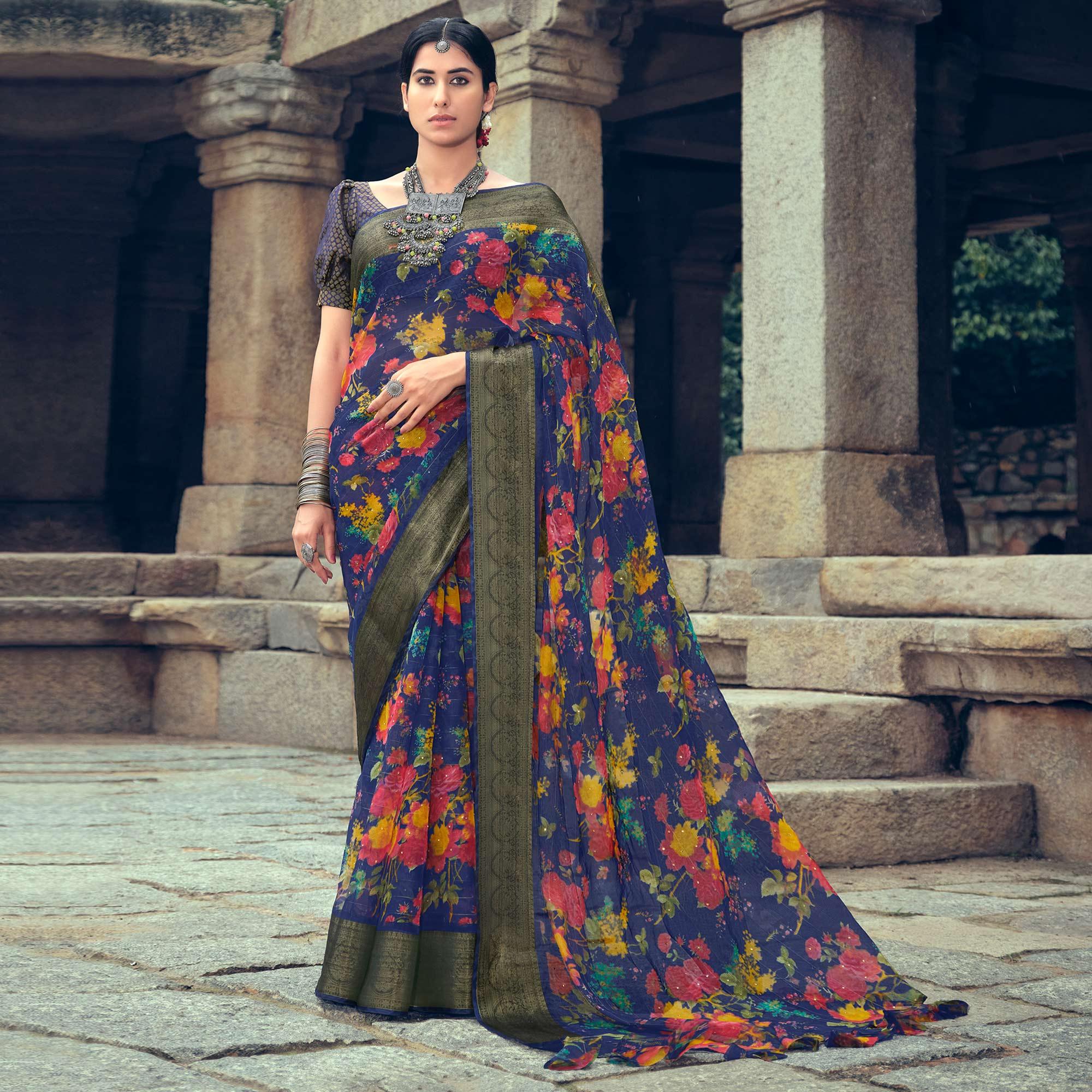 Blue Casual Wear Floral Printed Organza Saree With Jacquard Border - Peachmode