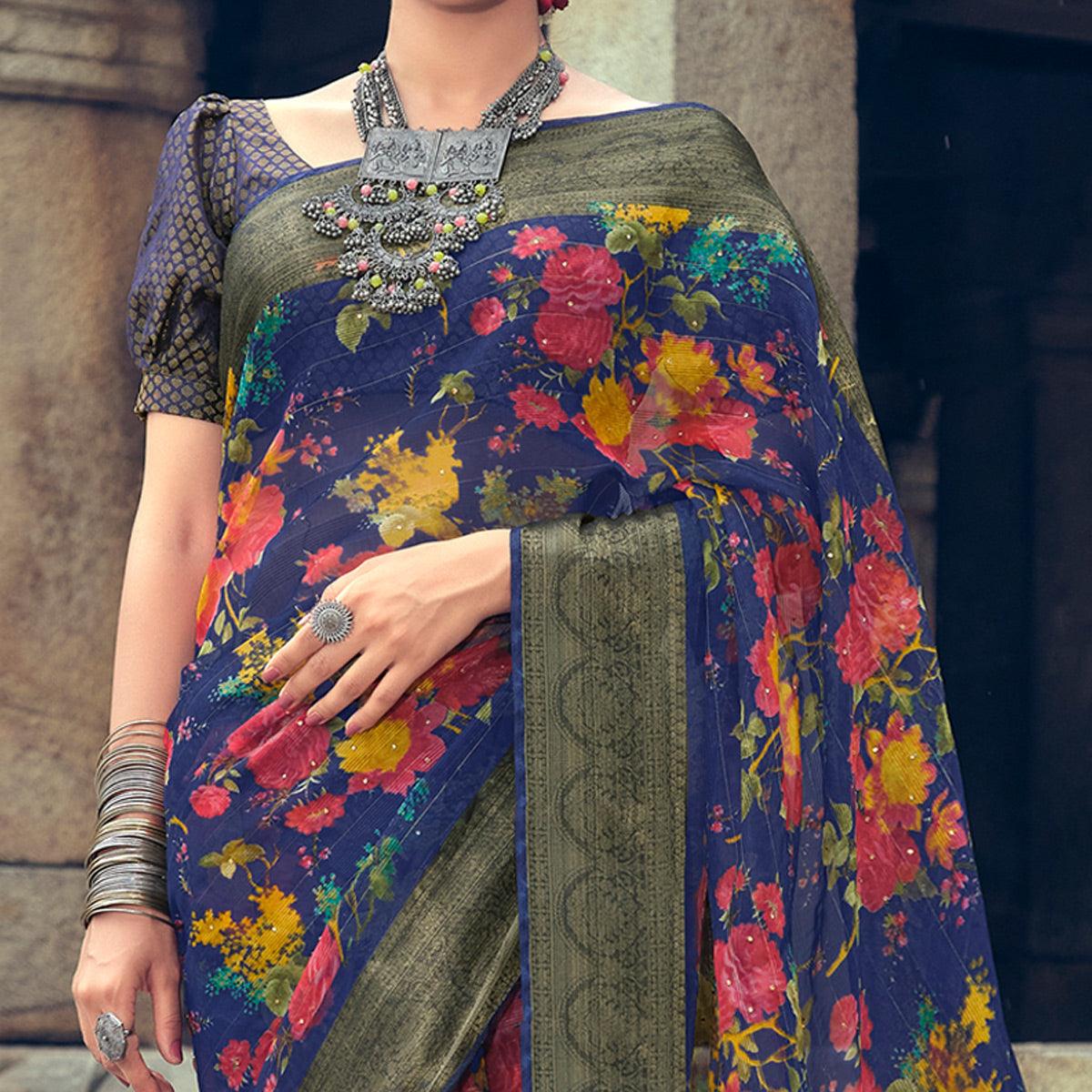 Blue Casual Wear Floral Printed Organza Saree With Jacquard Border - Peachmode