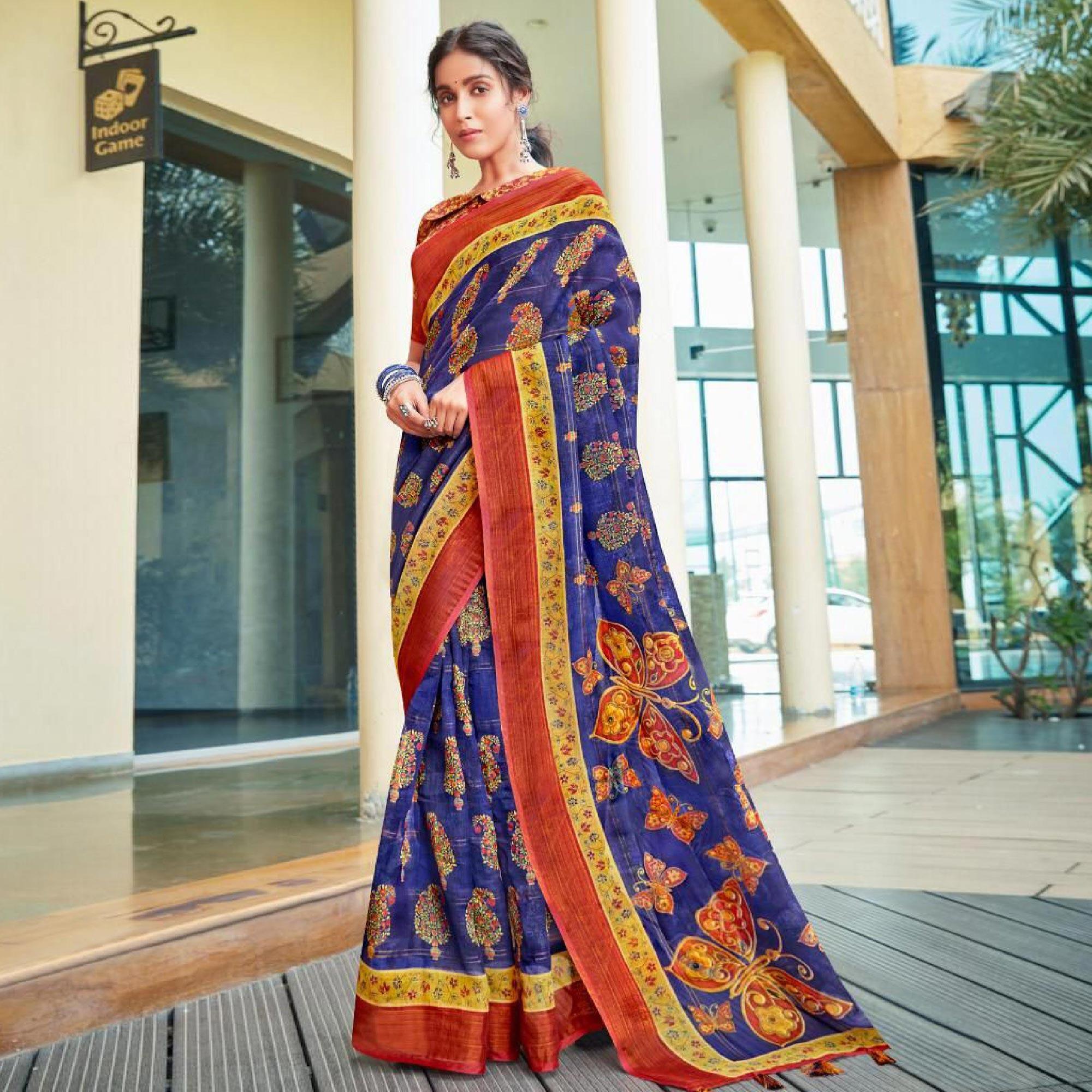 Blue Casual Wear Floral Printed Pure Linen Saree - Peachmode
