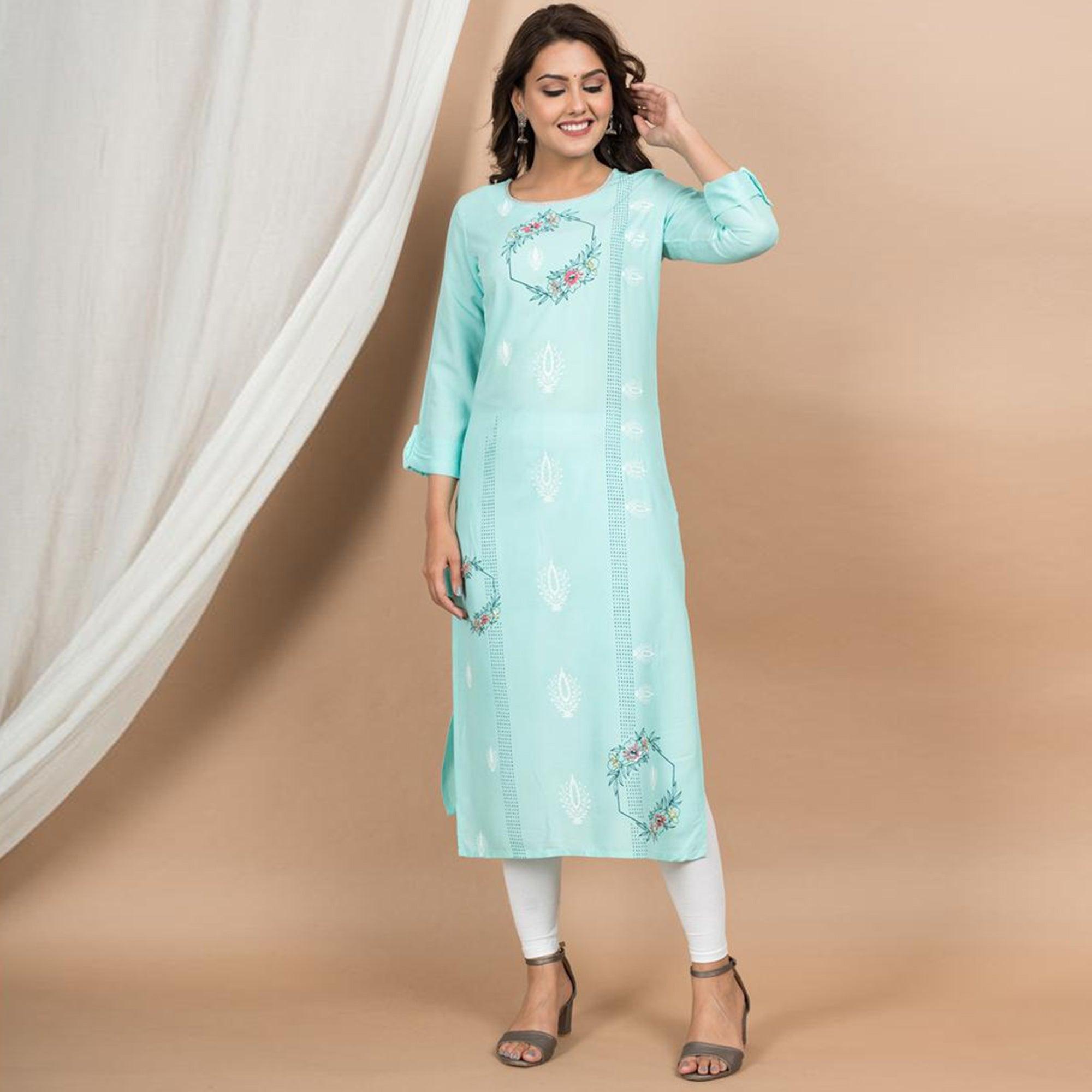 Blue Casual Wear Floral Printed Rayon Kurti - Peachmode